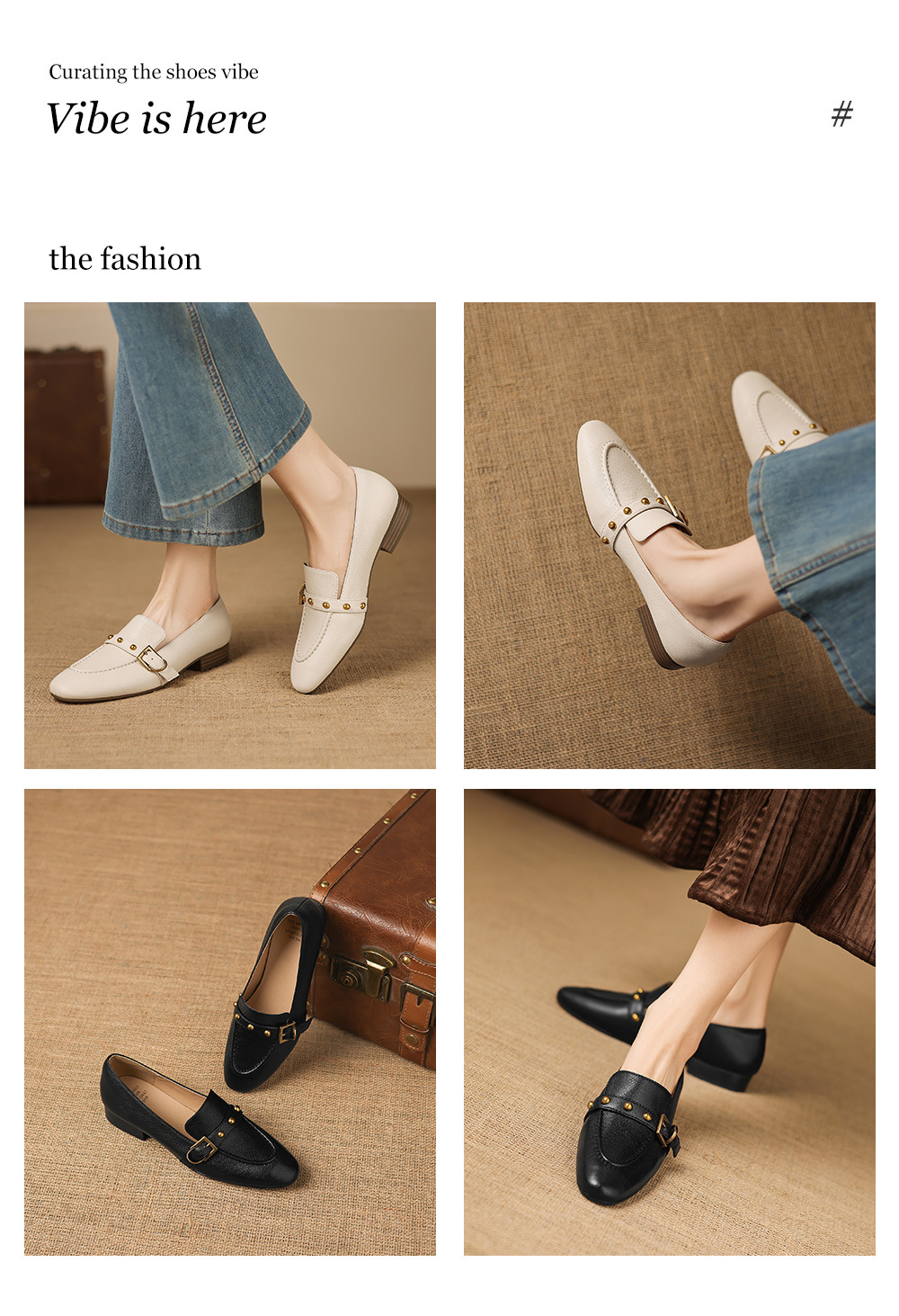 Giày da cừu loafer nữ mũi tròn gót thấp đinh tán — đen chi tiết 6