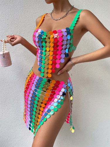 Women girls Rainbow colorful Sequin jazz dance suit nightclub night bar hot dance sexy sling backless hand-stitched sling dresses