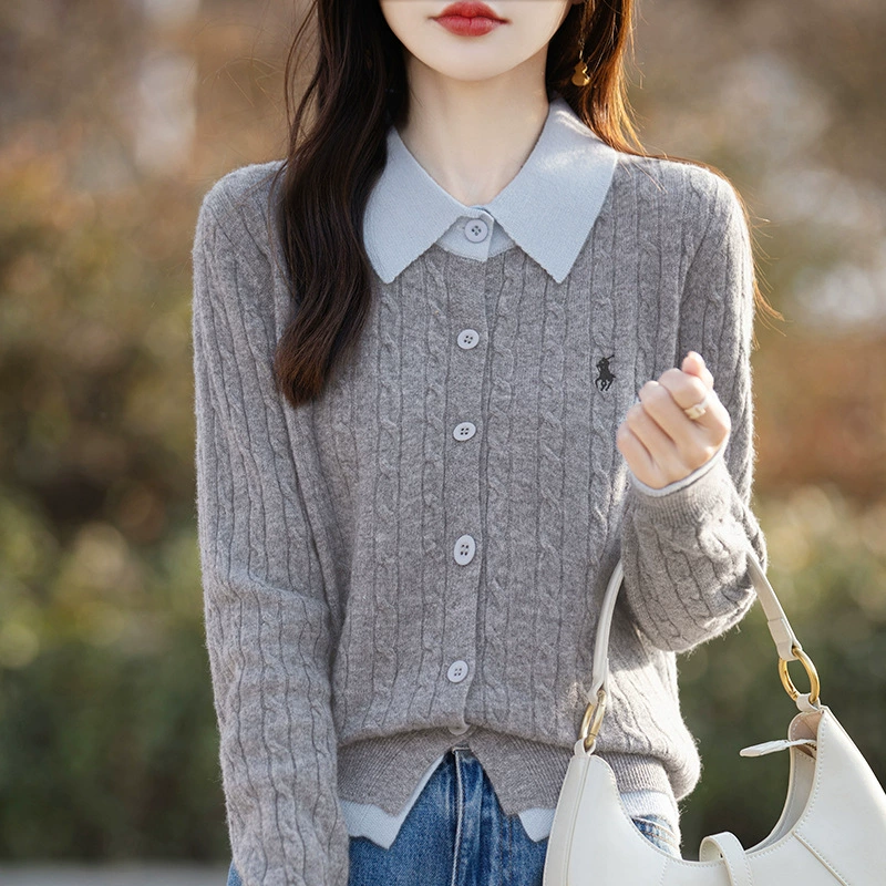 Серый поло-воротник поддельный трикотажный кардиган женский осенне-зимний вязаный свитер на плечо