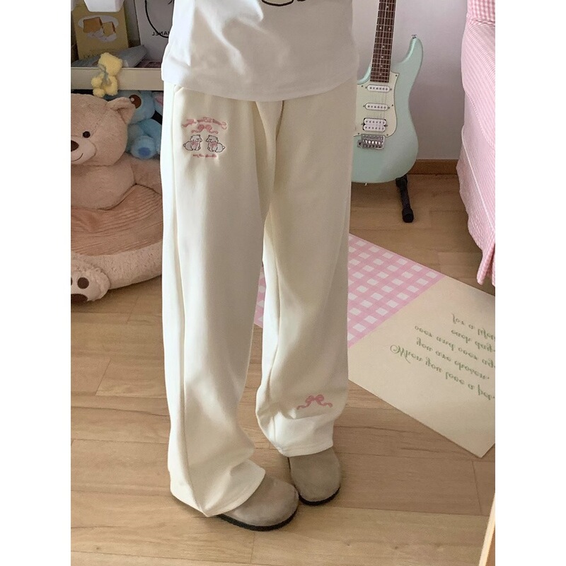 Sweet Girl Cute Cartoon Embroidered Small Straight Pants Women's Autumn and Winter Dagging fleece-lined Thickened Wide Leg Pants Sweatpants