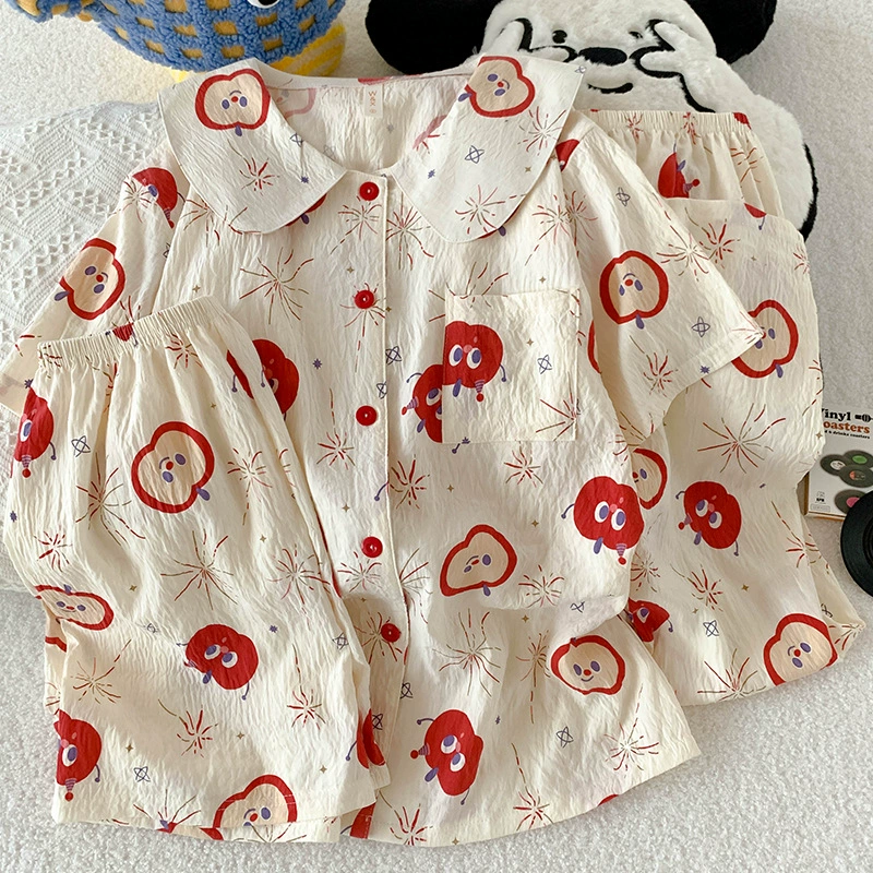 Летний пижамный комплект, корейский стиль, 3 предмета: короткий рукав + шорты + штаны, лёгкий
