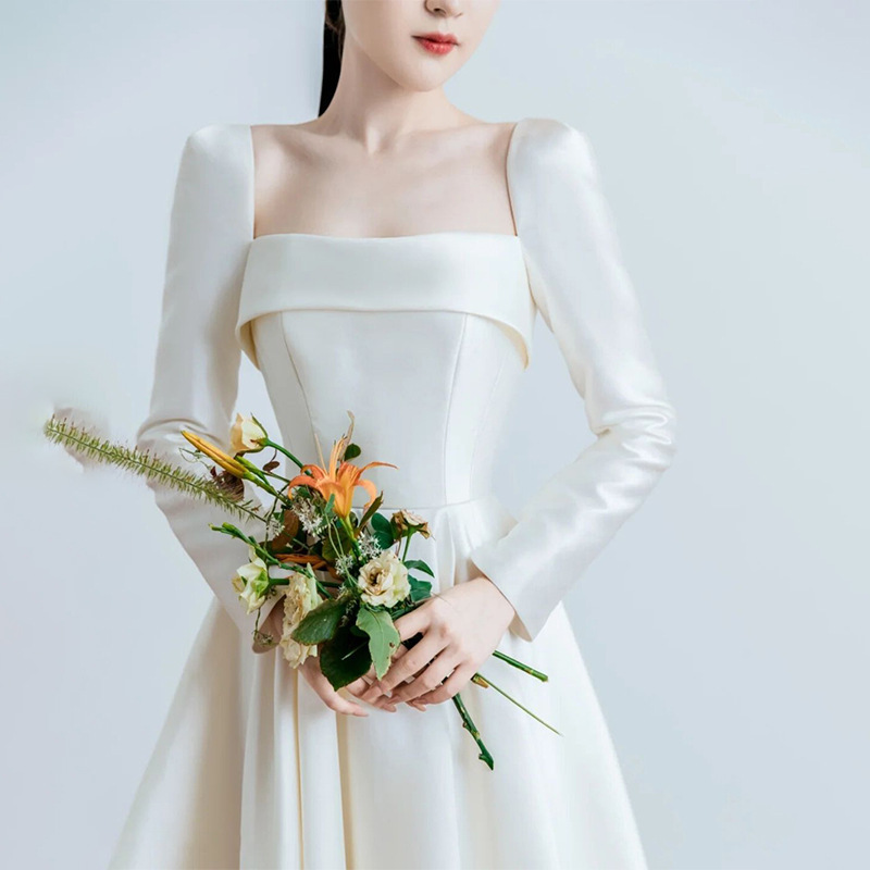Long-Sleeved Wedding Dress, Satin, Simple, High-Waisted Maternity Dress, Petite Engagement and Registration Evening Dress, Autumn