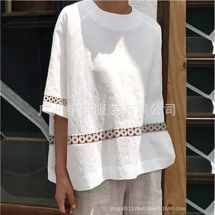 Amazon deseo AliExpress 2023 nuevas mujeres europeas y americanas de algodón Lino encaje costura camisa casual