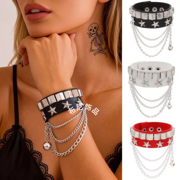 Eco-Friendly Pu Leather Cross-Border Hot-Selling European and American Fashion Multi-Layer Wide Bracelet with Rivets Punk Five-Pointed Star Hip-Hop Bracelet Jewelry