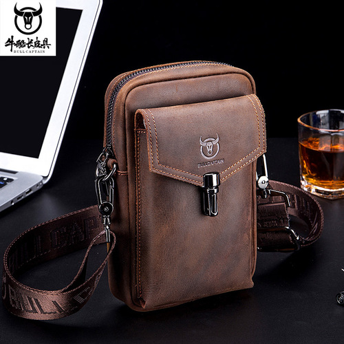 Captain Cow Leather Retro Crazy Horse Leather Mobile Phone Waist Bag Men's Genuine Leather Cowhide Belt Crossbody Waist Bag Small Pocket