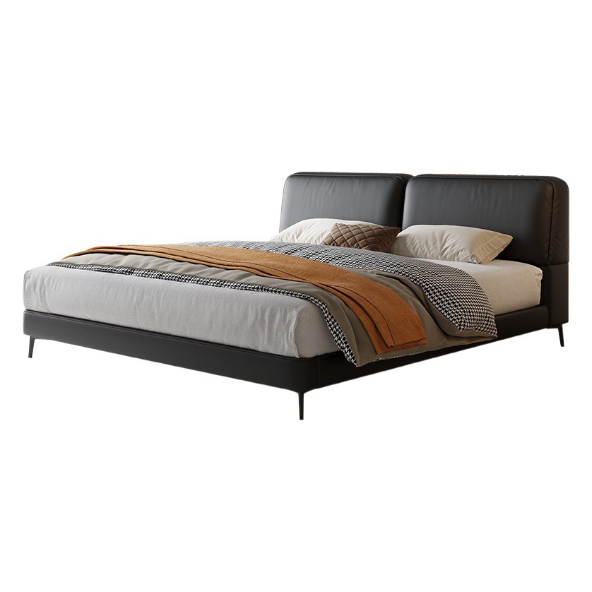 Italiano minimalista gran vaca negra cama de cuero real tofu bloque cama dormitorio principal de gama alta elegante verano imagen negro simple cama suave