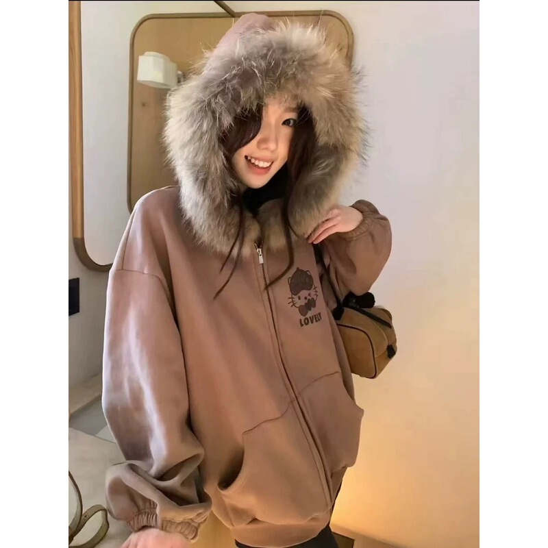 2025 New Large Size American Fur Collar Hello Kitty Hooded Cardigan Sweater Women's Autumn and Winter Velvet Loose Design Jacket