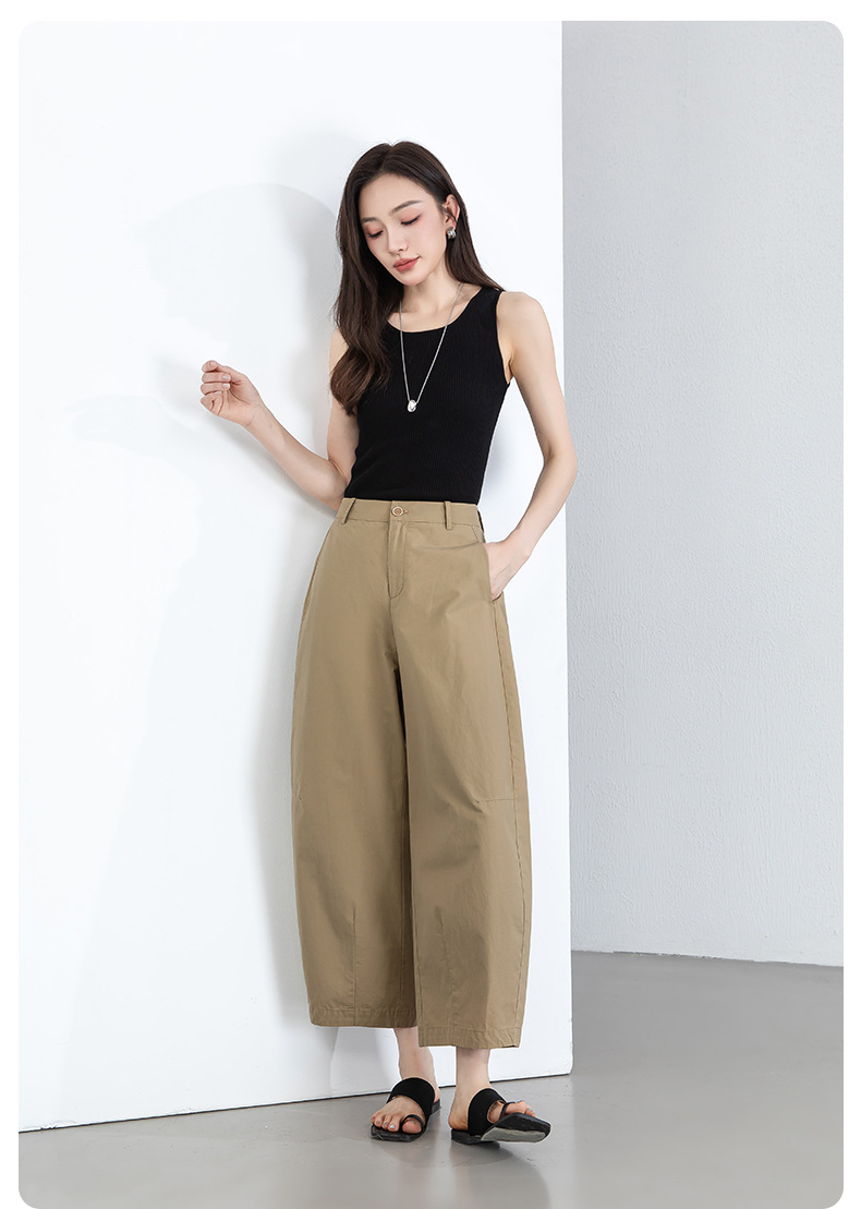 Quần culottes nữ ống rộng cạp cao vải lanh phối cotton, dáng bong bóng thoáng mát — màu kaki chi tiết 20