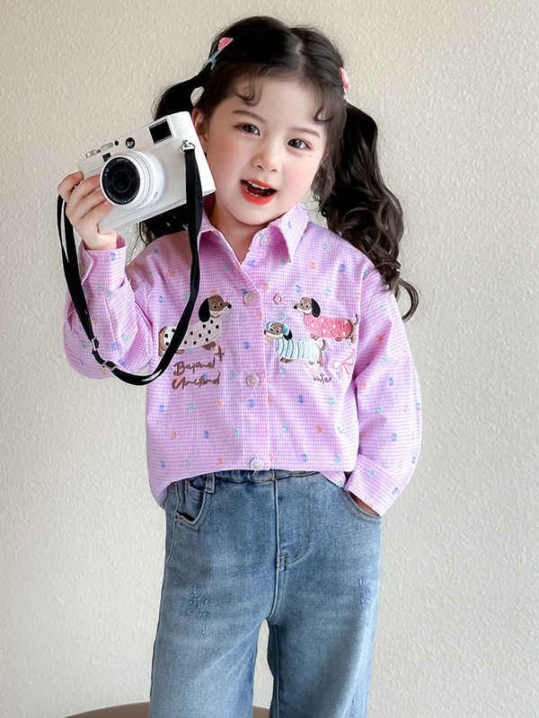 2025 新しい女の子カレッジスタイル刺繍シャツ漫画ダックスフント春と秋の子供服子供の多用途トップストレンディ|undefined
