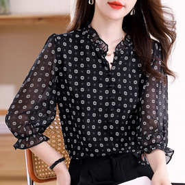 七分袖衬衫女2025春夏新款木耳领圆点印花气质减龄时尚上衣女批发