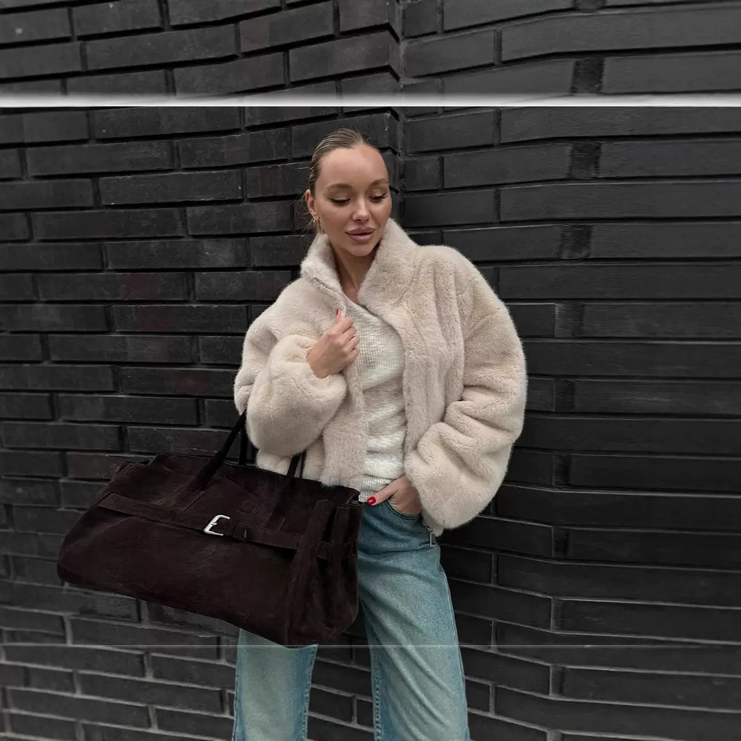 速卖通亚马逊2025秋冬季立领皮草外套女装短款拉链短毛上衣夹克