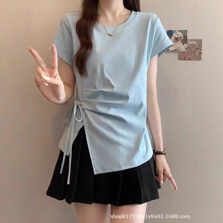 ミルクイエローの右肩半袖Tシャツ女性用2025夏大きいサイズファットmmウエスト不規則な巨大痩身パーソナライズトップ|undefined