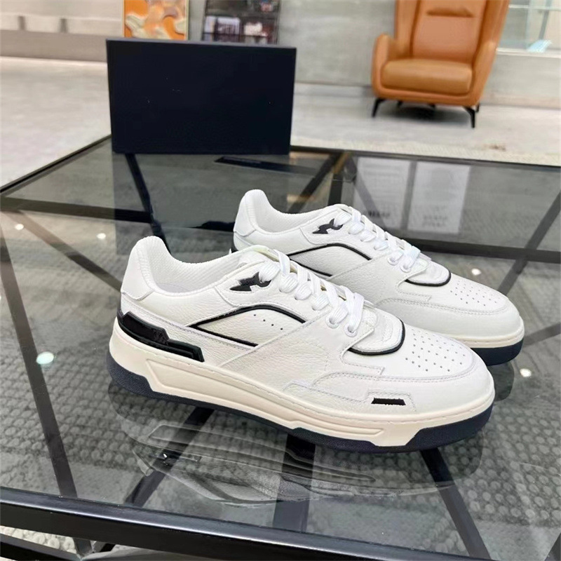 European and American Style Business Men's Sneakers, Genuine Leather, Color-Blocking, Thick-Soled White Shoes, Bos Lace-Up Sports Casual Men's Low-Top Shoes