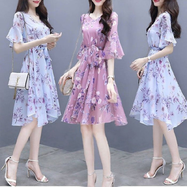 Printed Elegant Dress Women's Summer New Korean Style Long Dress Tight Waist Slimming Fairy Dress Mid-length Mid-length Skirt