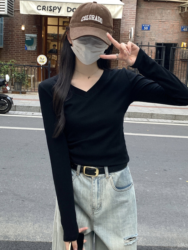 薄款纯棉V领长袖内搭打底衫女秋冬修身百搭黑色紧身收腰t恤上衣|undefined
