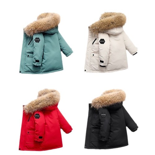 Winter New Boys' Cotton Jacket Korean Version Medium and Large Children Thick Down and Cotton Plush Hooded Parka Cotton Coat Outerwear