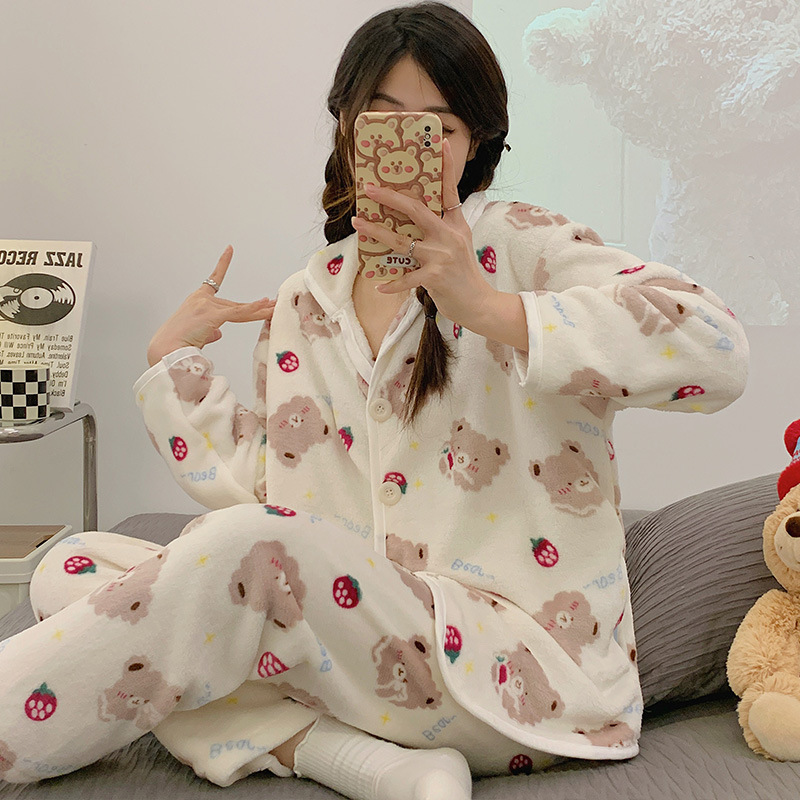 Pijamas de franela al por mayor transfronterizos de otoño y invierno para mujeres nuevas camisetas de calentamiento gruesas se pueden usar con ropa de hogar de dos piezas