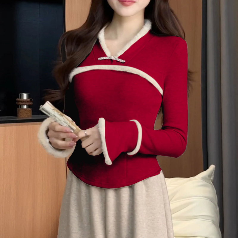 ネットセレブの新しい中国風のボタン付き厚く暖かいTシャツ、女性用長袖デザインニッチドイツベルベットボトムシャツとベルベットトップ|undefined