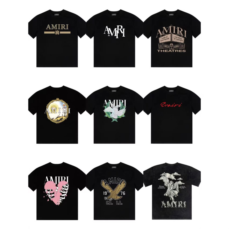 2025 Summer Amiri Short-Sleeved Street Fashion Trendy Front and Back Colorful Letter Logo Printed Amiri Round Neck Short-Sleeved T-Shirt