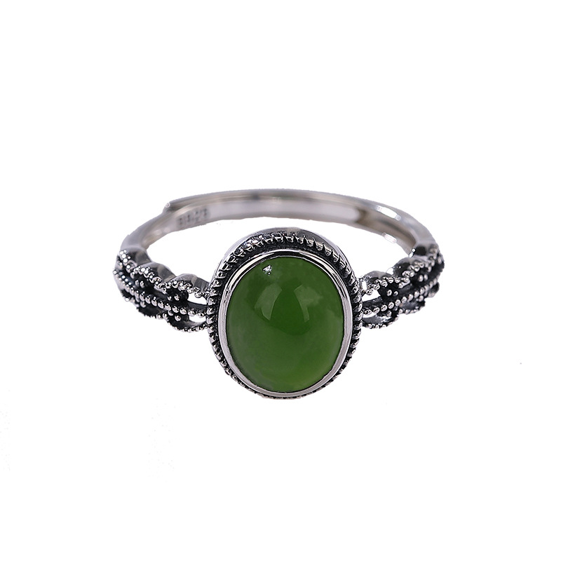Nhẫn nữ bạc S925 đính ngọc bích Hetian mặt trứng, hoa văn rỗng cổ điển — Mở một size