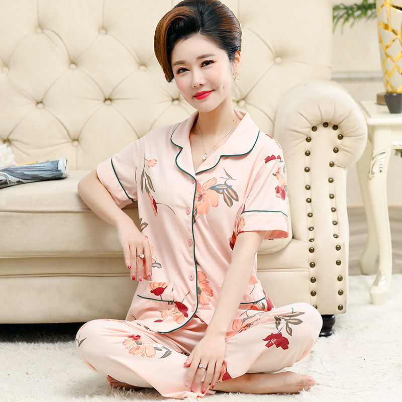 Pijama mujer de mediana edad y anciana suegra 100% algodón manga corta primavera y verano traje Delgado cardigan suelto más tamaño