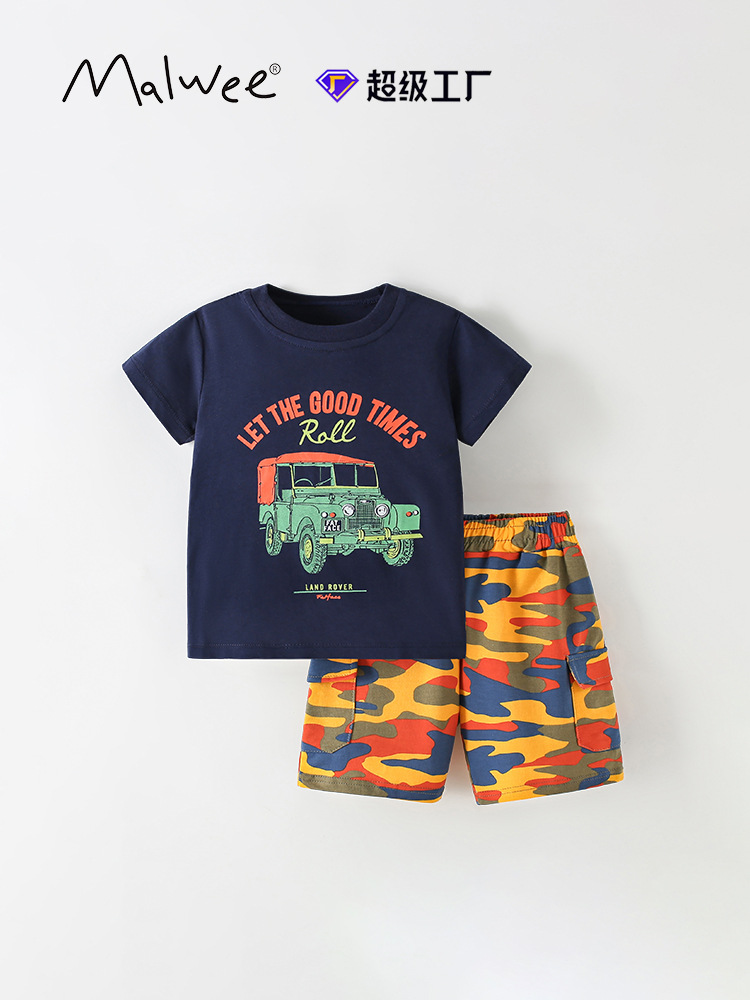 Malwee traje para niños verano nuevo estilo europeo y americano para niños pequeños y medianos camiseta cuello redondo pantalones de manga corta hermoso traje de dos piezas