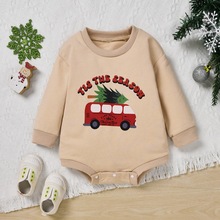 圣诞儿童服装2023 男宝宝红巴士连身卫衣 男婴圣诞节圆领包屁卫衣