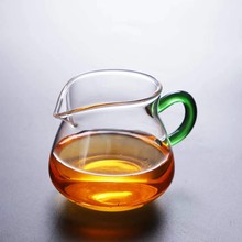 玻璃茶具加厚单个茶海带把黄绿两款加厚大容量过滤分茶器公道杯