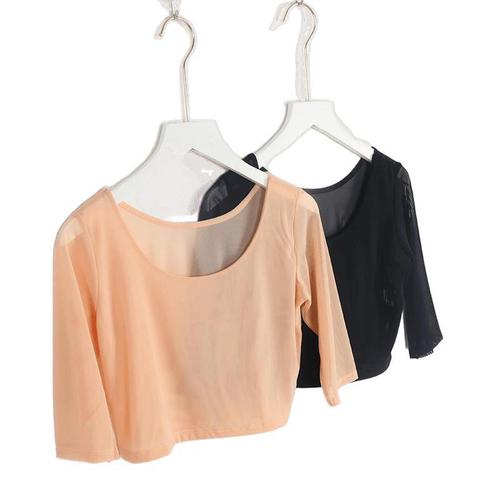 Sheer mesh base shirt, half-length gauze dress for summer—stylish, form-fitting, mid-sleeve, short-length top for layering.