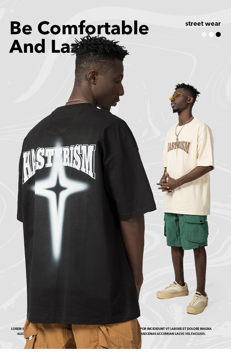 American High Street Fashion Brand T-shirt Men's Short Sleeve Star Print Loose Oversize Off Shoulder Cotton Round Neck_voghion.com