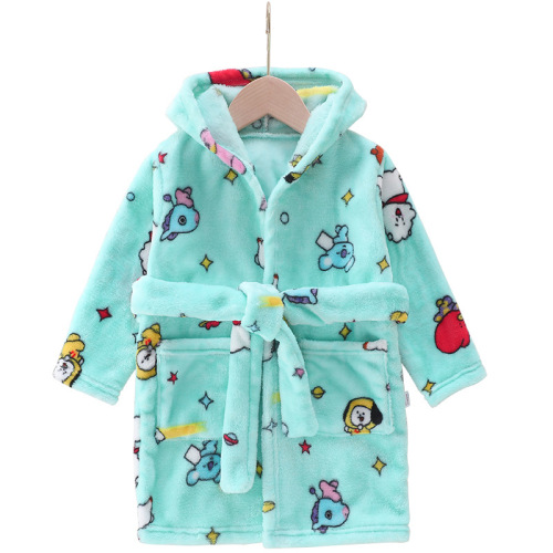 Children's bathrobe, pajamas, winter flannel, thickened and long pajamas, home clothes, children's hooded coral velvet home clothes