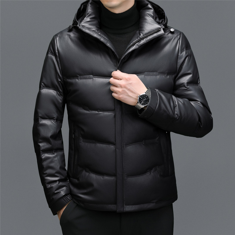 Haining men's sheepskin mid-length hooded white duck down casual down jacket warm real leather jacket winter