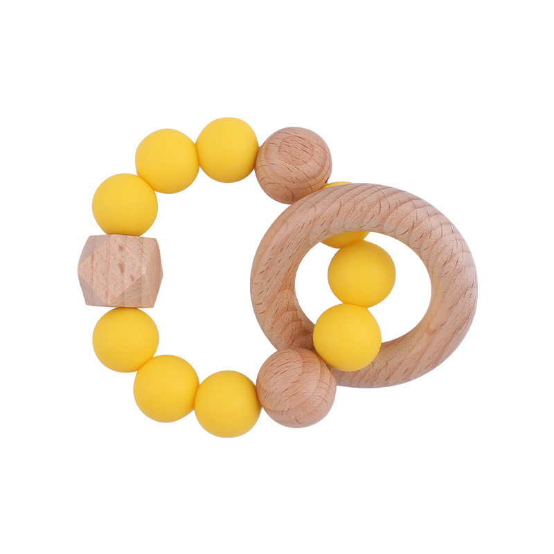 Nuevo bebé suministros de madera de haya anillo mordedor calmante bebé cuentas de silicona mordida molar pulsera mordedor juguete