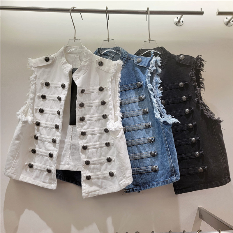 Palacio estilo de diseño chaleco de vaqueros mujer 2026 verano corto versátil sin mangas alta tendencia de chaqueta de vaqueros industria pesada