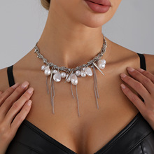 欧美跨境饰品甜酷辣妹风珍珠锥形项链女金属重工ins风流苏choker