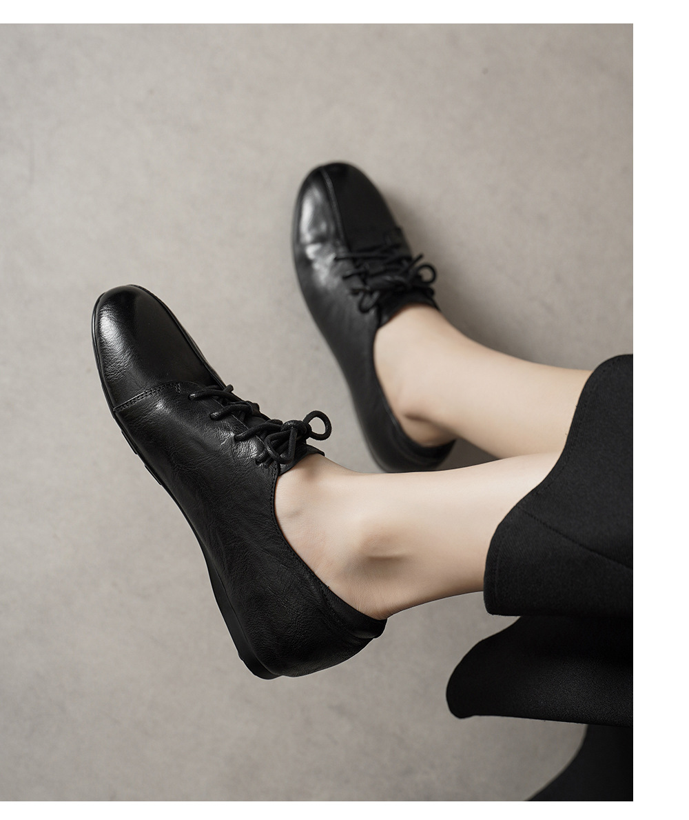 Giày lười nữ da cừu buộc dây mũi vuông phong cách loafer — đen chi tiết 7