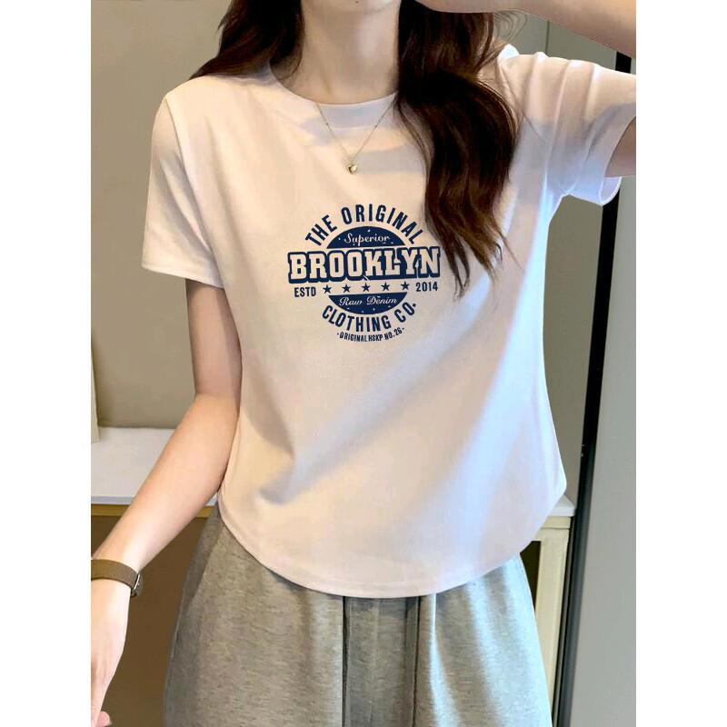 Short T-shirt Women's Summer New Pure Cotton Slim-fit Arc Hem Short-sleeved Sweet Spicy Shoulder Clothes