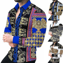 独立站 春秋季 欧美新款男装印花长袖休闲开衫纽扣假日时尚衬衫