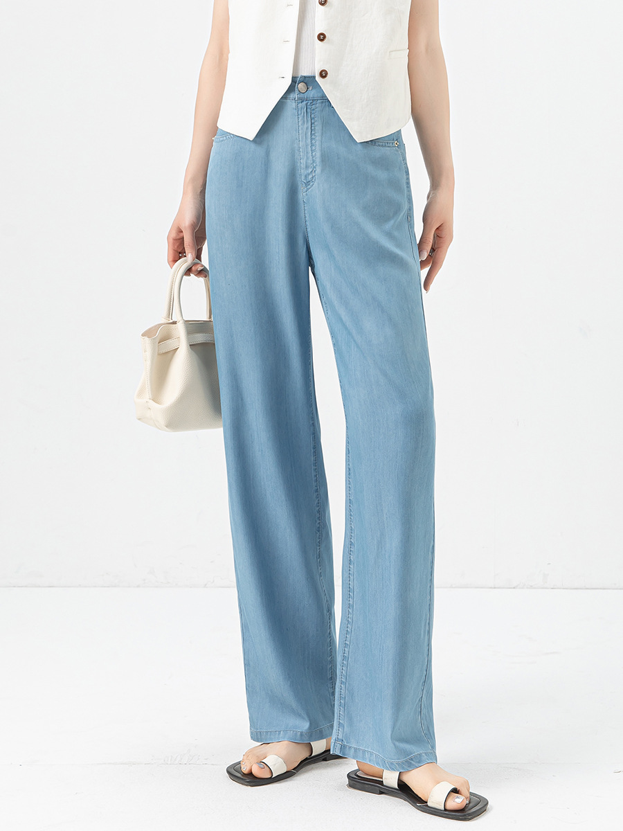 Quần jean ống rộng cạp cao vải Tencel mỏng mùa hè — Màu xanh lam