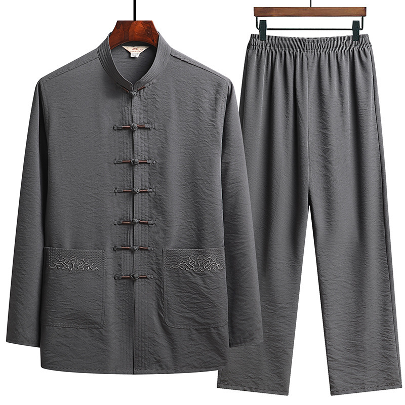 2026 Summer Cotton and Linen Tang Suit Long-Sleeved Suit for Middle-Aged and Elderly Men, Tai Chi Suit, Zen Suit, Tea Suit, Layman Suit, Chinese Style