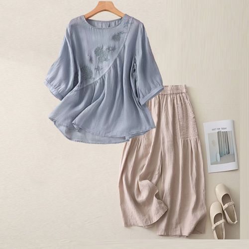 Summer New Fashion Set Round Neck Five-Pointer Short Sleeve Cotton Linen Embroidery Literary Slimming Retro Loose Casual Pants