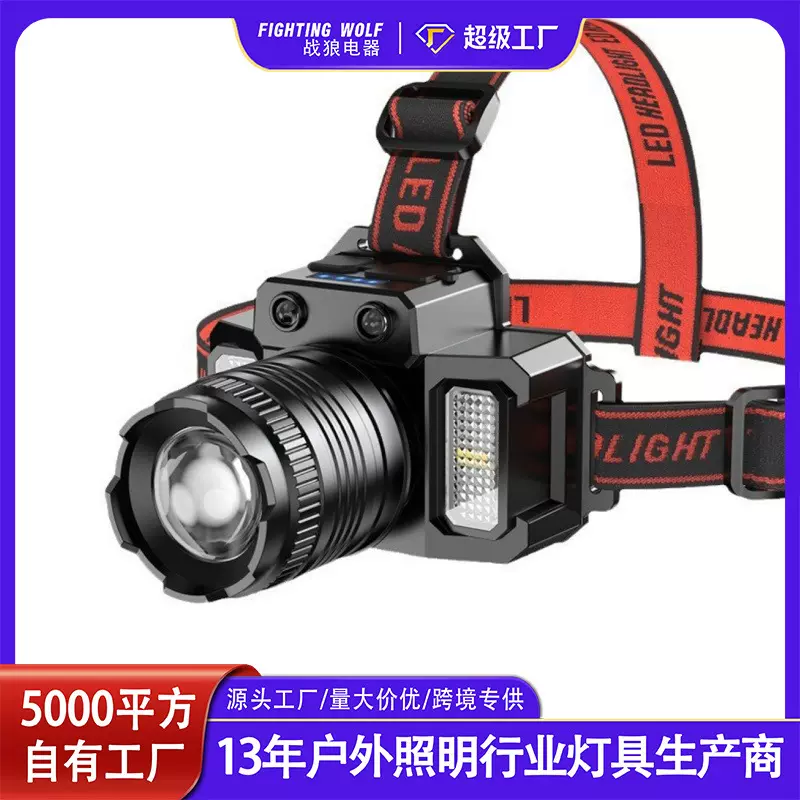 多功能伸缩变焦感应头灯COB侧灯强光夜骑远射徒步户外夜钓露营灯