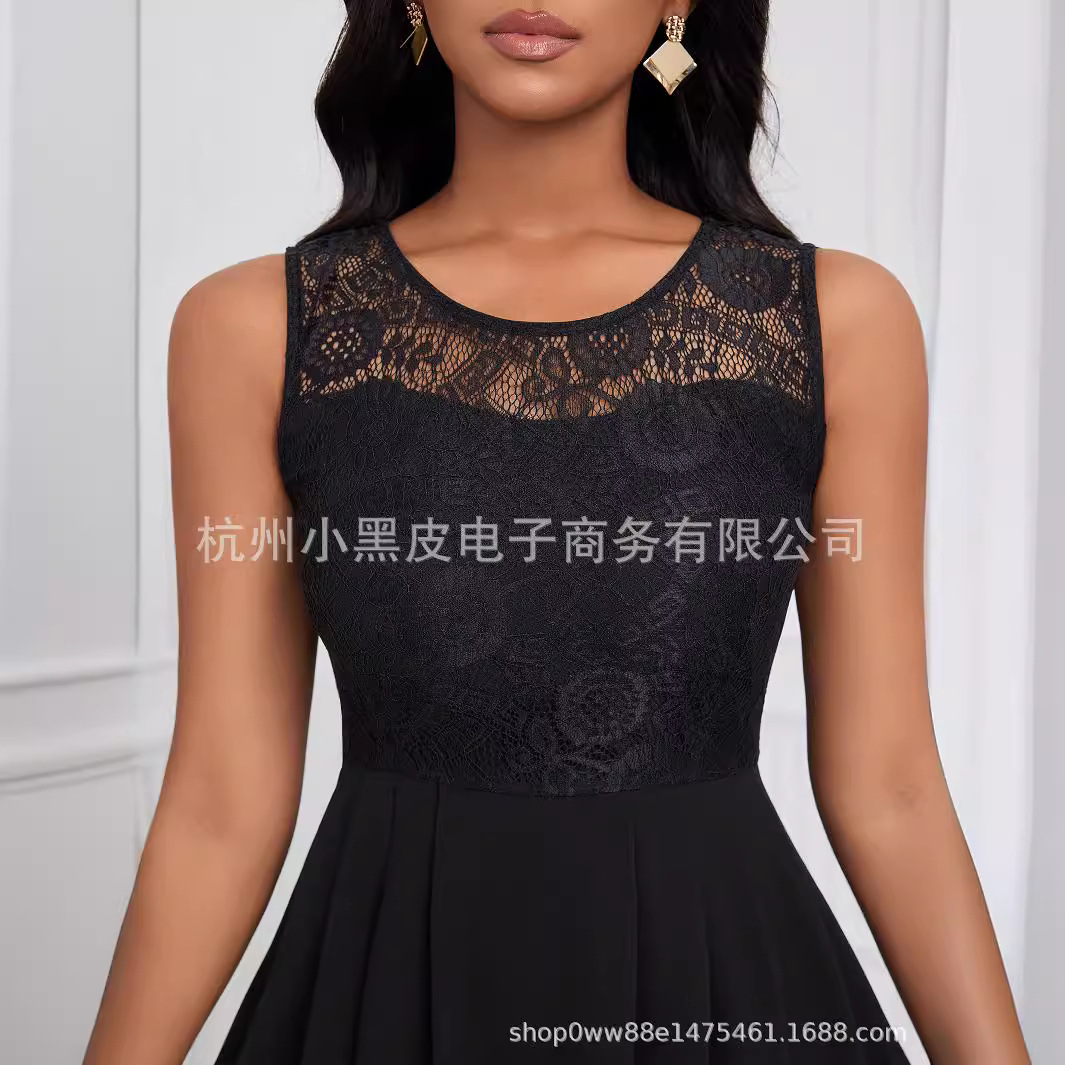 solid color lace fashionable elegant dress with a round collar…