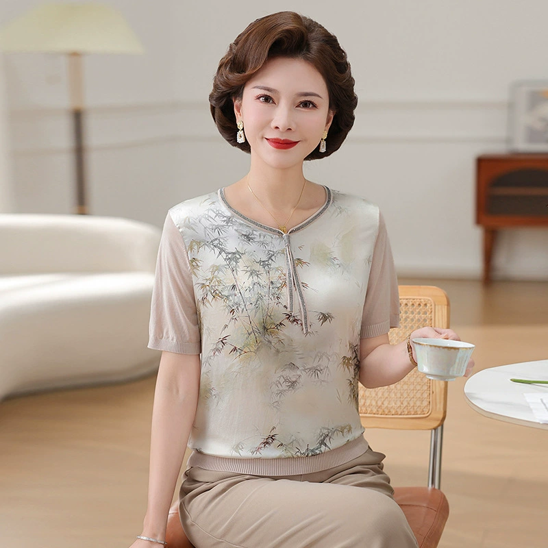 Модная летняя футболка из шелка тутового дерева с короткими рукавами для мам, новинка 2025 года, летняя стильная рубашка из ледяного шелка для женщин среднего и пожилого возраста