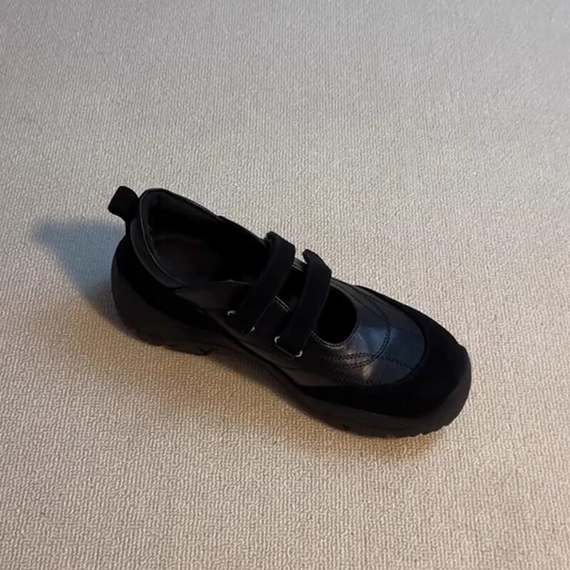 羊皮版~复古轻便运动休闲鞋女交叉带圆头绒面厚底舒适玛丽珍单鞋|undefined