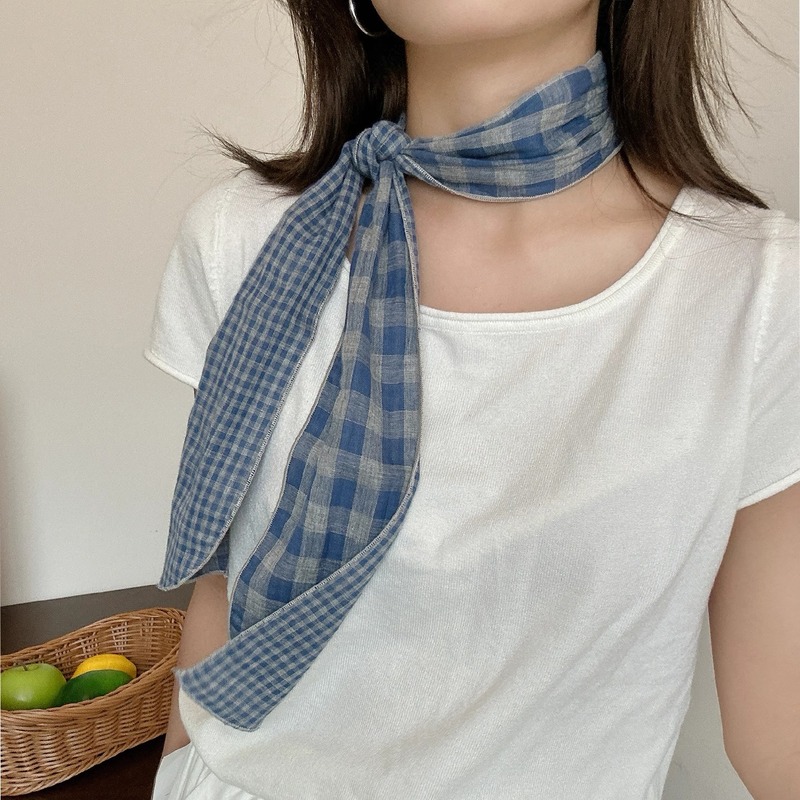 日本製綿とリネンのレトロなチェック柄の細くて長い女性用スカーフ、ファッショナブルで多用途な小さなスカーフ、スカーフ、暖かい首保護スカーフ|undefined