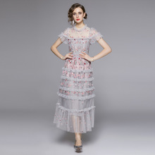 圆领荷叶短袖透视网纱重工刺绣花收腰大摆长款礼服连衣裙2023夏季