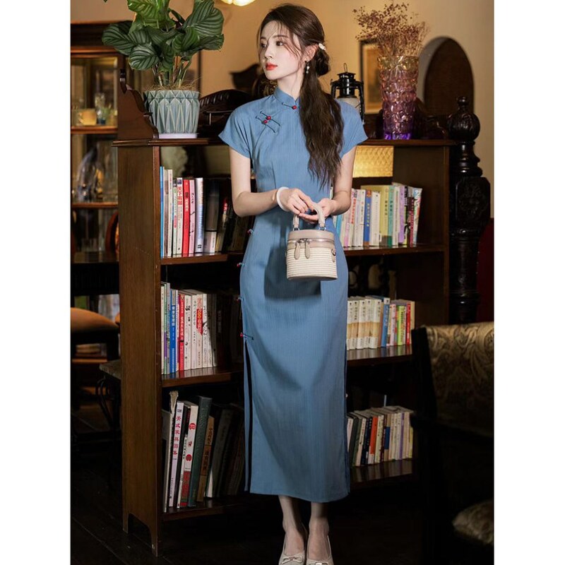 Improved Cheongsam Blue 2024 New Girl Republic Style College Students' Daily New Chinese Style Retro dress Summer