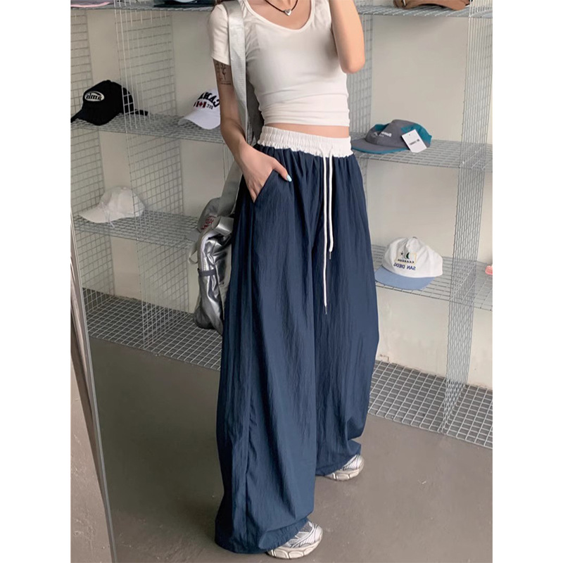 2025 Black Lazy Style Loose Wide Leg Pants Sports Pants Women's American Style High Waist Stitching Casual Pants Straight Leg Pants