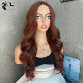 外贸欧美大波浪长卷发红棕色小蕾丝中分哑光高温丝假发女头套批发